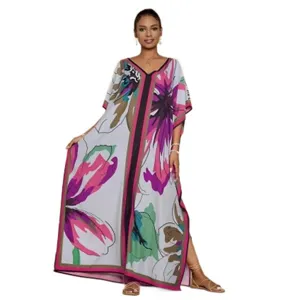 Böhmischer 3D gedruckter langer Kaftan V-Ausschnitt lose Damen Sommer Strandkleid