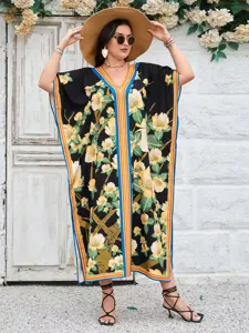 Ethnic style 3D floral print loose long kaftan vacation beach cover up dress for women