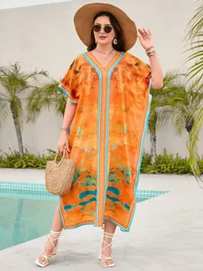 Ethnic 3D print resort caftan loose beach cover-up summer vacation women's long robe