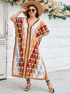 Plus size 3D printed resort caftan dress, loose fit V-neck vintage style long robe.