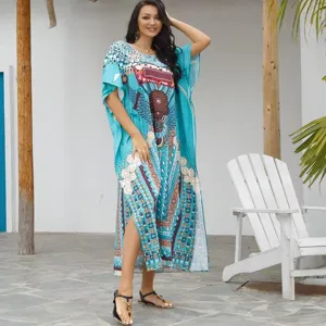 Boho chic 3D printed long dress resort wear loose beach cover up kaftan casual style.