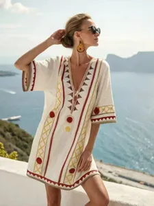 Women Bohemian 3D Print V-Neck Dress Summer Beach Cover Up Loose Short Sleeve Vacation Midi Dress Polyester Sundress