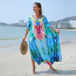 Boho 3D Printed Beach Cover Up Dress Loose V Neck Vacation Long Robe Women Summer