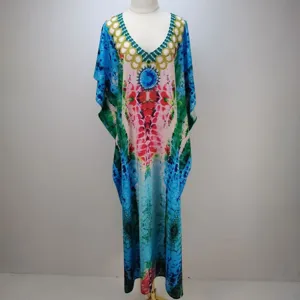Detailed view of the ethnic style 3D printed V-neck loose caftan dress texture and print.