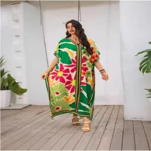 Boho 3D Floral Print Maxi Dress Resort Wear Women Loose Caftan Beach Cover Up Dress