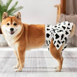Cute cow print dog physiological pants for female pets, comfortable polyester pet diaper skirt.