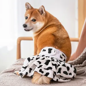 Cute cow print dog physiological pants for female pets, leak-proof polyester skirt for heat.
