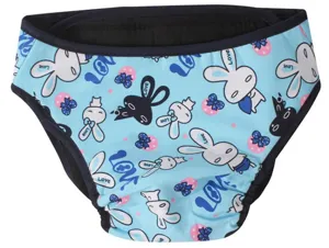Dettaglio in primo piano di pantaloncini fisiologici blu per cani con stampe di conigli.