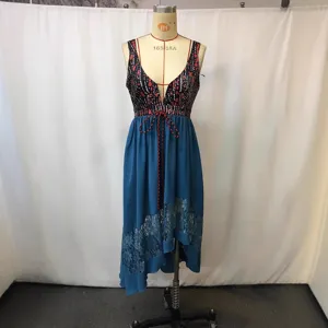 Donna Estate Stampa Vintage Patchwork Abito in Pizzo Senza Maniche Scollo V Casual Lungo