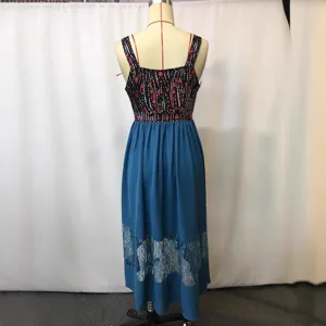 Abito lungo casual vintage stampato patchwork in pizzo, elegante design senza maniche donna.