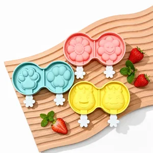 Silicone Ice Cream Mold DIY Popsicle Maker Cartoon Double Cavity Reusable Cute Ice Box