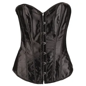 Close up view of black satin corset showcasing detailed boning structure and metal busk.