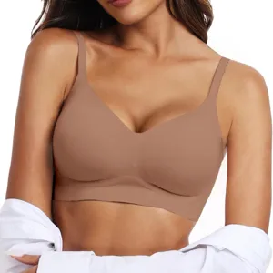 Women Seamless Wireless Bra V-Neck Push Up Comfortable Smooth Padded Lingerie Daily Wear Nylon Spandex Top