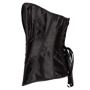 Black satin strapless corset top with boning design, perfect for waist shaping and body support.