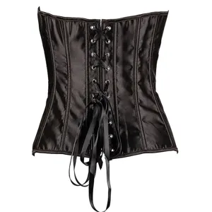 Black satin corset top with front lace-up and boning for waist training shaping.