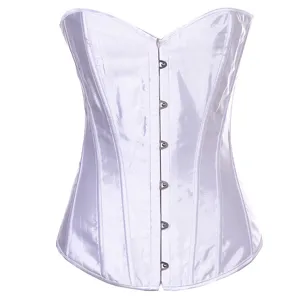 White satin corset detail showcasing front metal clasp hooks and structured boning design.