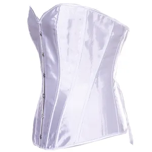 White satin overbust corset with front metal busk closure and boning detail for body shaping.