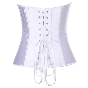 White satin lace-up corset detail, showing back ribbon lacing and metal grommets.