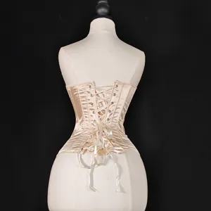 Back view detail of beige satin lace-up corset waist cincher showcasing fine lacing.