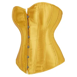 Gold satin overbust corset detail showing front busk metal clasps and boning channels design.