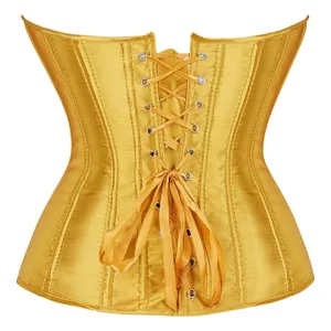 Close-up detail view of the gold satin corset featuring back lacing and metal grommets.