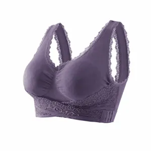 Women Wireless Sports Bra Lace Trim Cross Front Side Buckle Gathered Shockproof Push Up Bralette Comfortable Yoga Running Underwear