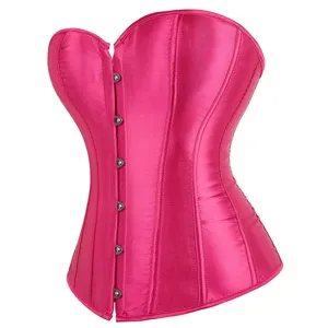 Pink satin overbust corset detail, showing front metal busk closure and boned structure.