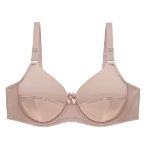 Detailed view of women plus size smooth supportive push up bra in nude color with cute bow.