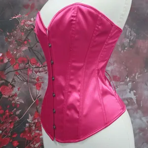 Pink satin strapless corset top with front busk closure and boning support for shape.