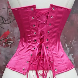 Back lace-up pink satin corset detail, adjustable ribbon and metal eyelets for waist shaping.