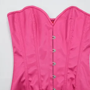 Pink satin sweetheart bustier corset top featuring front metal busk and boning support.