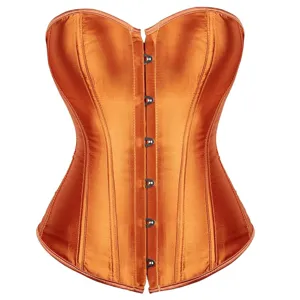 Orange satin corset detail view, front metal busk closure, shaping push-up bustier top.