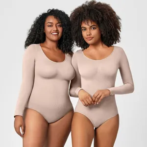 Women's seamless long sleeve nude bodysuit shapewear tummy control slimming body shaper.