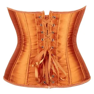 Close-up view of the orange satin corset detail, showing boning and metal eyelet lacing structure.