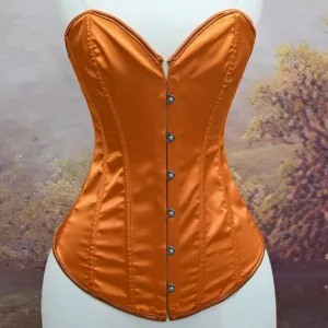 Satin corset detail view, showcasing metal front busk closures, heart neckline, and boning.