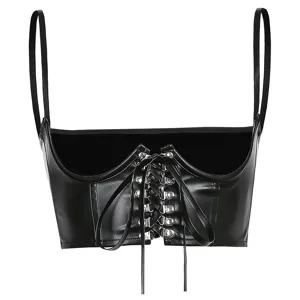 Black PU leather bustier top gothic lace up spaghetti strap corset crop top sexy streetwear