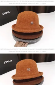Woolen bucket hat women autumn winter retro British style knitted basin hat with rhinestone pin