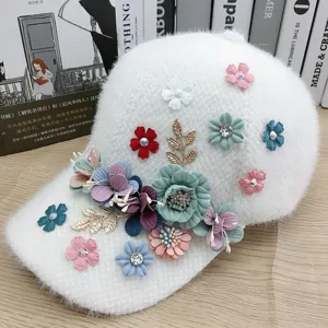 Donna inverno caldo peluche berretto da baseball con fiore strass decorazione cappello