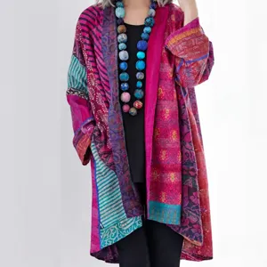 Bohemian patchwork long cardigan for women, casual open front printed outerwear coat.