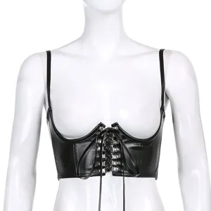 Black PU leather lace-up underbust corset top detail, dark style trendy streetwear.