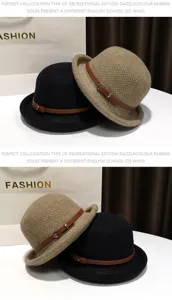 Women winter wool felt bowler hat elegant vintage black khaki dome hat with leather belt strap