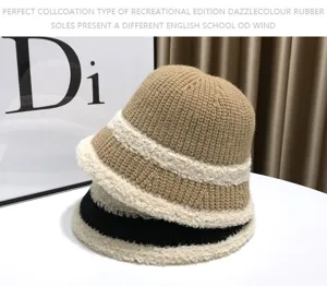 Autumn winter thick warm knitted bucket hat casual plush brim basin hat for women daily wear