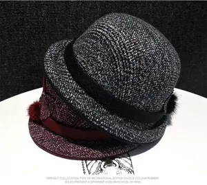 Women autumn winter tweed bowler hat retro rolled brim bucket hat elegant felt hat for lady