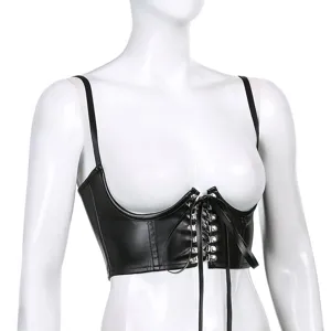 Close-up detail of the black PU leather chest support with front lace-up metal eyelets.