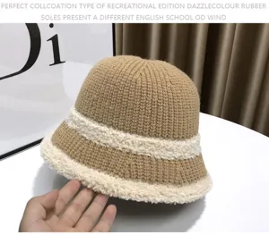 Winter warm knitted bucket hat with plush trim, stylish khaki casual fisherman cap for women.