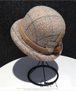 Women vintage plaid cloche hat retro British style felt basin cap with bow and fur ball