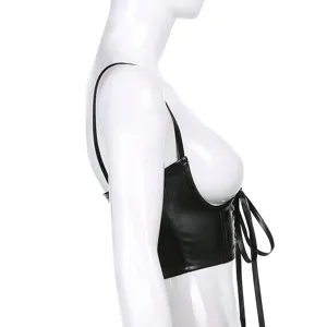 Black PU leather lace-up bra top corset gothic stylish streetwear womens summer clubwear