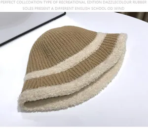 Autumn winter knitted bucket hat with plush trim warm thick casual stylish sun protection hat