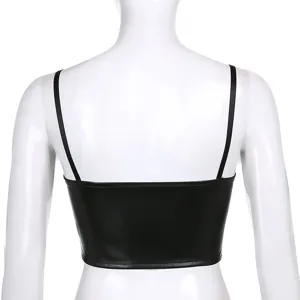Black PU leather camisole crop top featuring thin straps and stylish backless design for women.