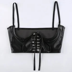 Black PU leather corset crop top with lace-up front metal rings stylish rave festival wear